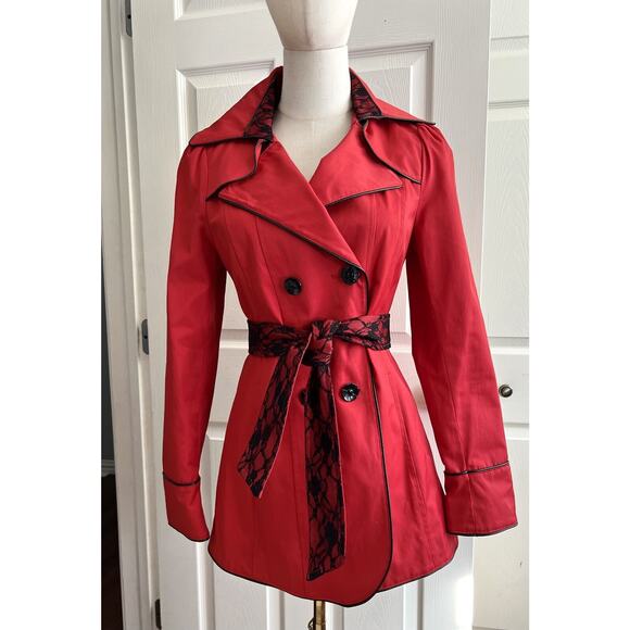 Betsey Johnson Jackets & Blazers - BETSEY JOHNSON Lipstick Red Black Lace Trim Double-Breasted Trench Coat